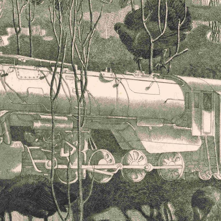 Grafikas darbs ar tvaika lokomotīvi mežainā ainavā, kuras priekšplānā redzami putni un koku stumbri.