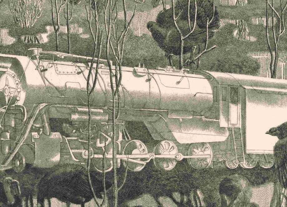 Grafikas darbs ar tvaika lokomotīvi mežainā ainavā, kuras priekšplānā redzami putni un koku stumbri.