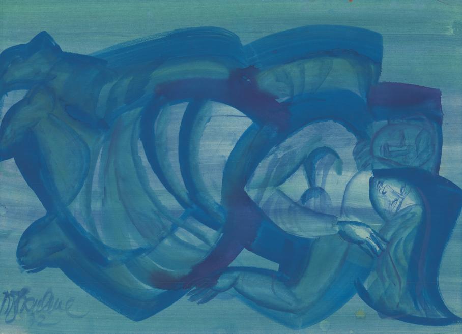 Abstract painting in blue tones with flowing, curved brushstrokes and a few sketched facial fragments on the right side.