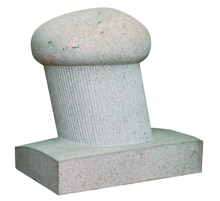 Gray stone sculpture with a rounded top, a ribbed cylindrical shaft, and a rectangular base on a white background.