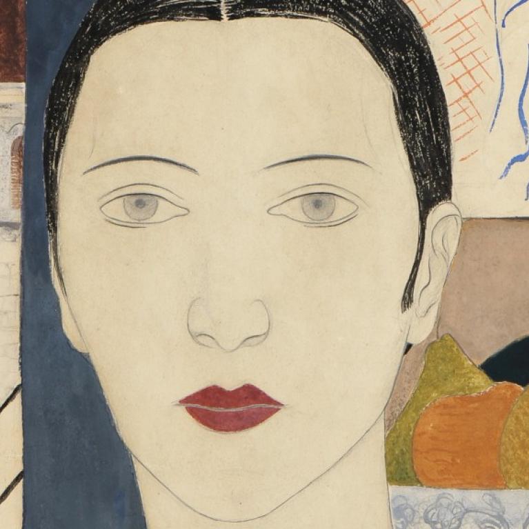 Aleksandra Beļcova. Self-Portrait with a Picture of Austra Ozoliņa-Krauze in the Background. 1927&ndash;1929. Watercolour and Indian ink on paper. Collection of the Romans Suta and Aleksandra Beļcova Museum. Photo: Normunds Brasliņ&scaron;
