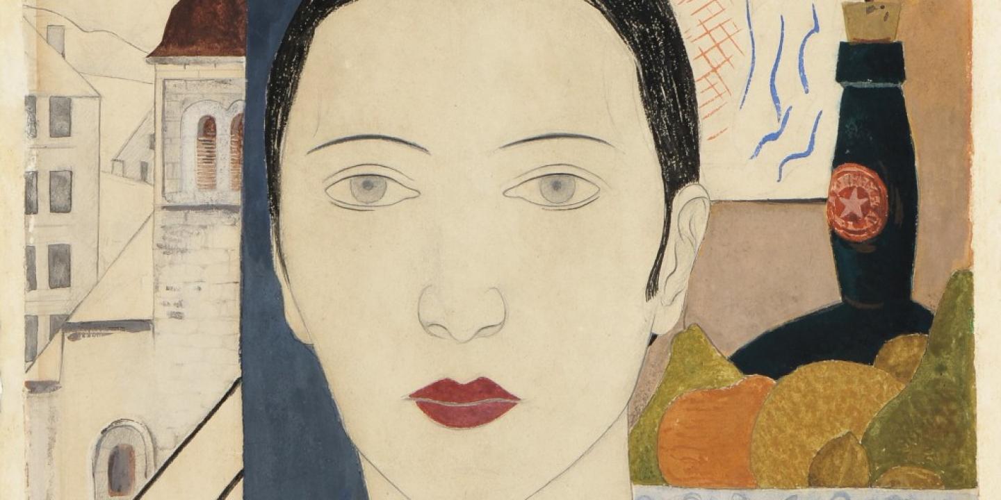 Aleksandra Beļcova. Self-Portrait with a Picture of Austra Ozoliņa-Krauze in the Background. 1927&ndash;1929. Watercolour and Indian ink on paper. Collection of the Romans Suta and Aleksandra Beļcova Museum. Photo: Normunds Brasliņ&scaron;