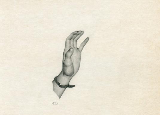 Against a light background, a detailed drawing shows a raised human hand with a bracelet around the wrist.