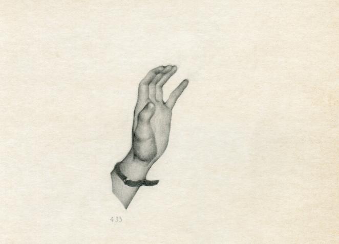 Against a light background, a detailed drawing shows a raised human hand with a bracelet around the wrist.