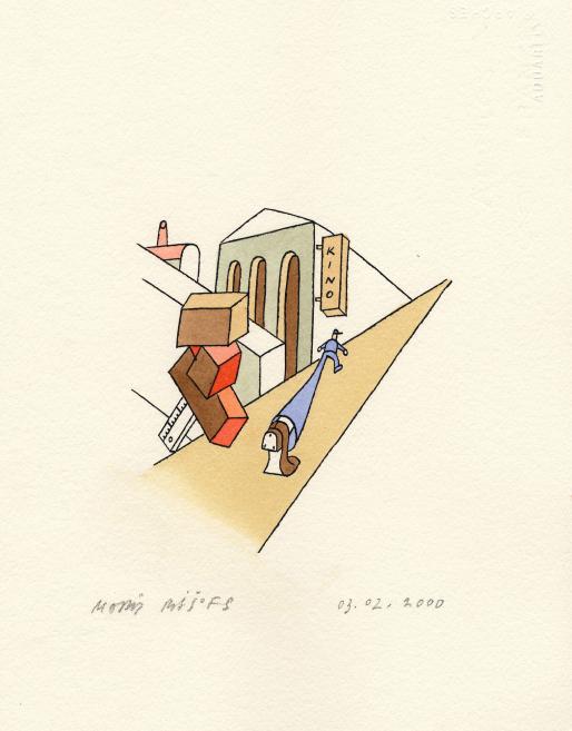 A colored, stylized drawing with geometric figures and a person near a building with the sign “KINO”.