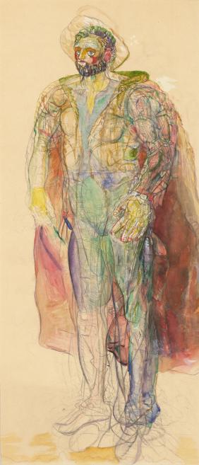 A colorful, expressive drawing of a male figure wearing a historical costume with a hat and cloak.