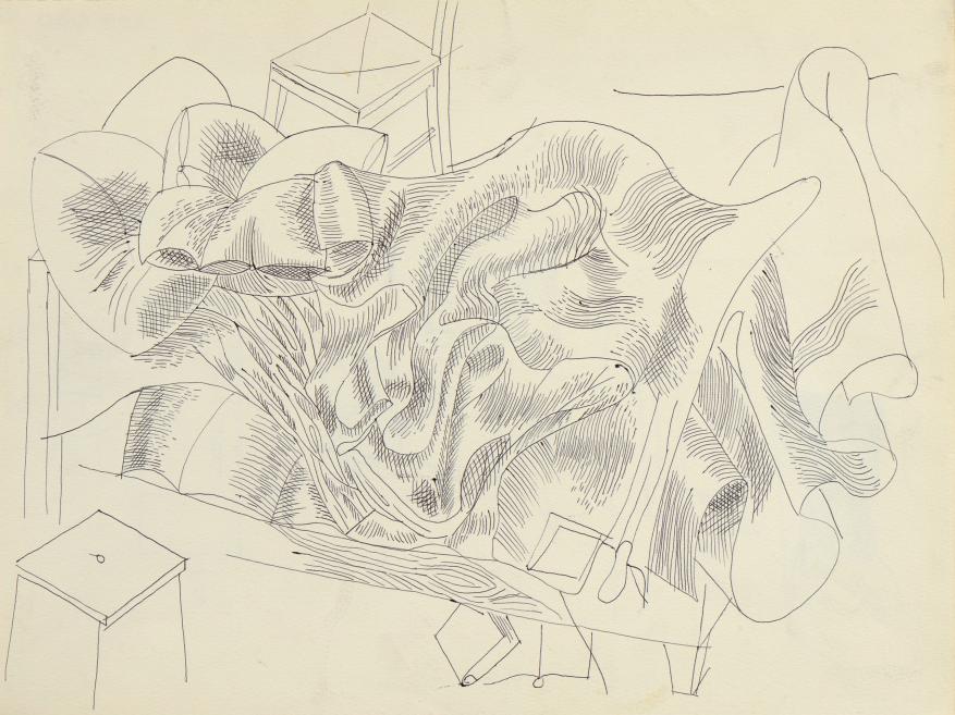 A black-and-white drawing of a distorted, abstract figure lying on a sofa among simply sketched pieces of furniture.