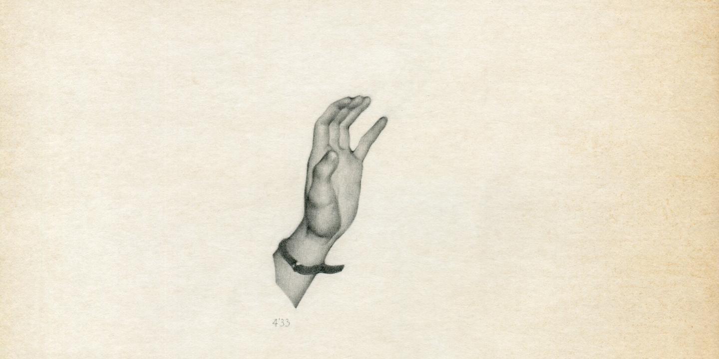 Uz gaiša fona attēlots detalizēts zīmējums ar paceltu cilvēka roku un aproci ap plaukstas locītavu.