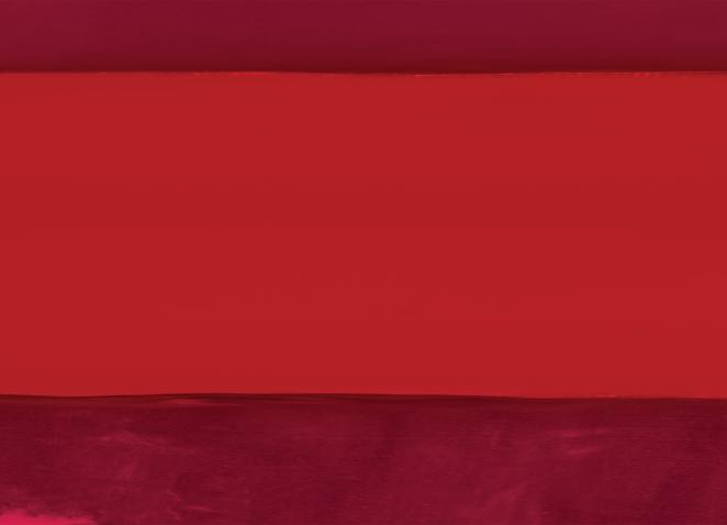 Abstract painting with horizontal red and burgundy fields and white brushstrokes on the left side.