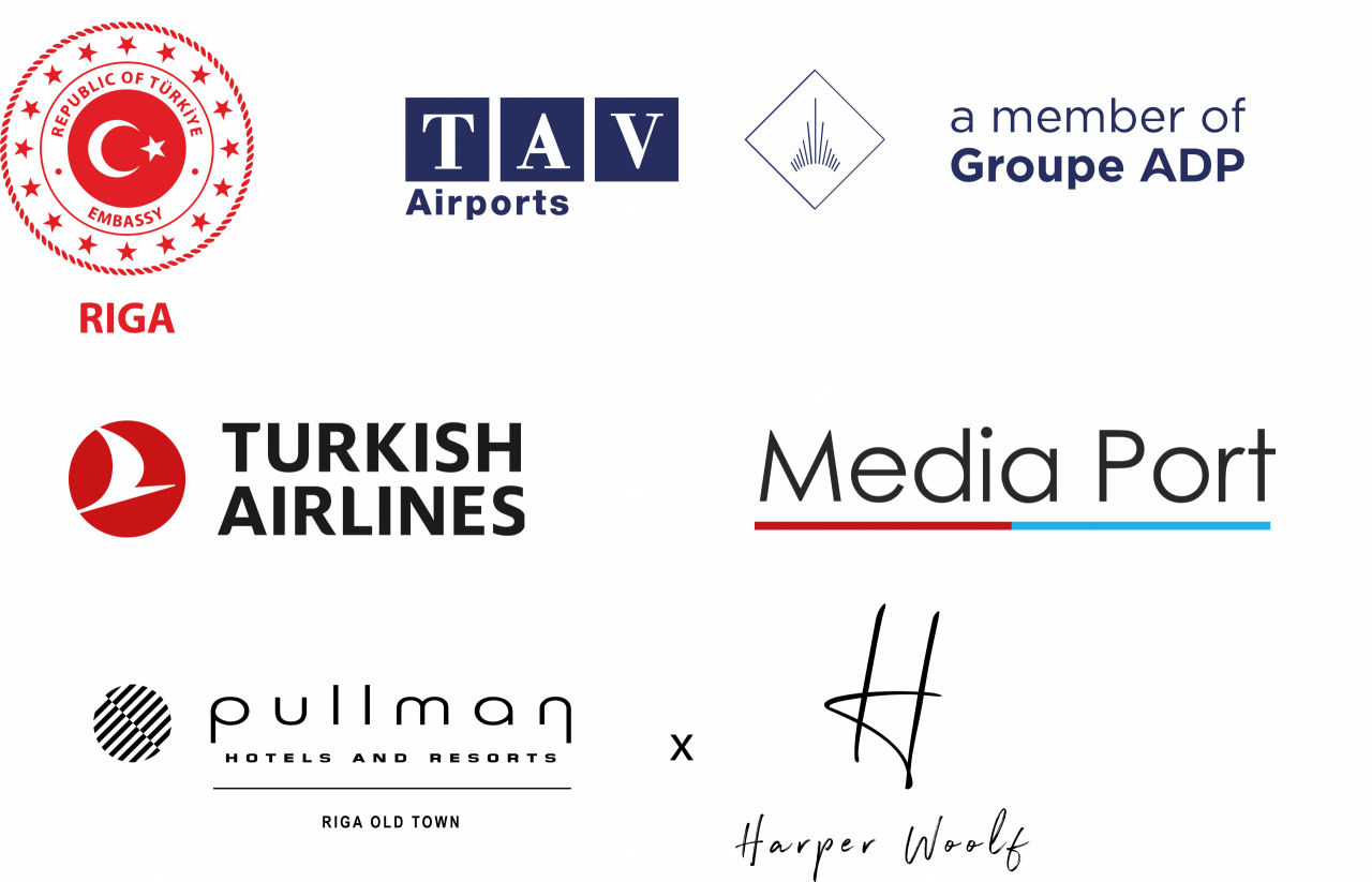 The image shows the logos of the Embassy of Turkey, TAV Airports, Groupe ADP, Turkish Airlines, Media Port, Pullman Hotels & Resorts, and Harper Woolf.