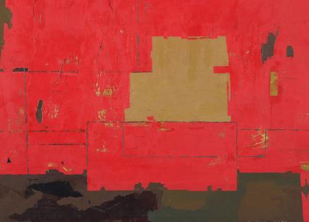 Abstrakta kompozīcija ar intensīviem sarkaniem krāsu laukumiem, ģeometriskām formām un kontrastējošiem tumšiem un okera akcentiem.