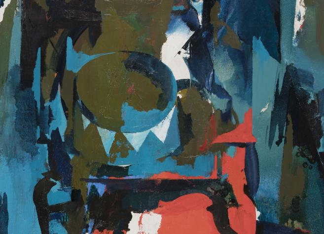 Abstrakta klusā daba ar ģeometriskām formām un ekspresīviem zilzaļiem, melniem un sarkanīgiem krāsu laukumiem.