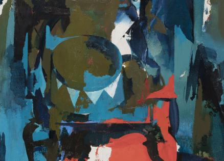 Abstrakta klusā daba ar ģeometriskām formām un ekspresīviem zilzaļiem, melniem un sarkanīgiem krāsu laukumiem.