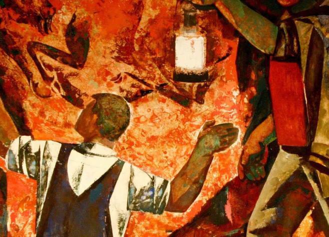 Ekspresīva figurāla kompozīcija ar cilvēku paceltām rokām sarkanīgi oranžā vidē, kur dramatisku noskaņu pastiprina kontrastējoši tumši un gaiši krāsu laukumi.