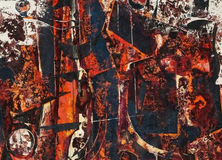 Abstrakta kompozīcija ar tumši sarkaniem, oranžiem un melniem krāsu laukumiem, kur slāņaina faktūra un dinamiskas līnijas veido saspringtu, ekspresīvu noskaņu.