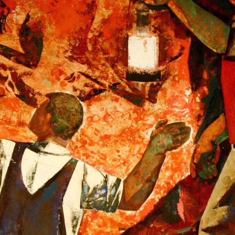 Ekspresīva figurāla kompozīcija ar cilvēku paceltām rokām sarkanīgi oranžā vidē, kur dramatisku noskaņu pastiprina kontrastējoši tumši un gaiši krāsu laukumi.