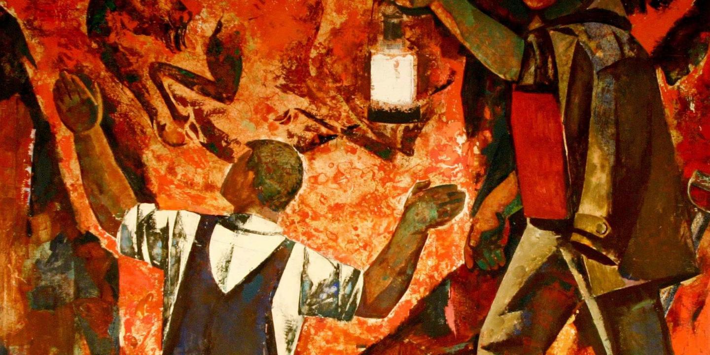 Ekspresīva figurāla kompozīcija ar cilvēku paceltām rokām sarkanīgi oranžā vidē, kur dramatisku noskaņu pastiprina kontrastējoši tumši un gaiši krāsu laukumi.