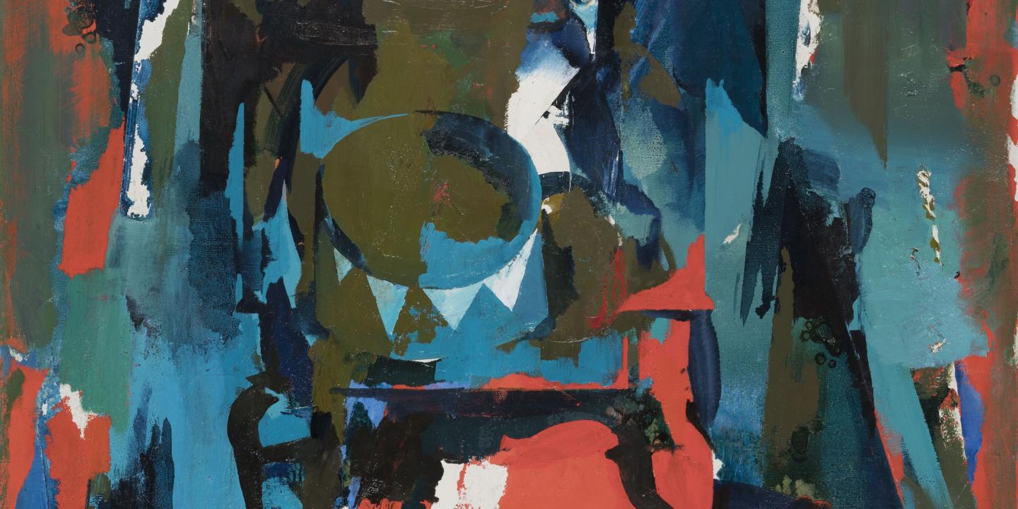 Abstrakta klusā daba ar ģeometriskām formām un ekspresīviem zilzaļiem, melniem un sarkanīgiem krāsu laukumiem.