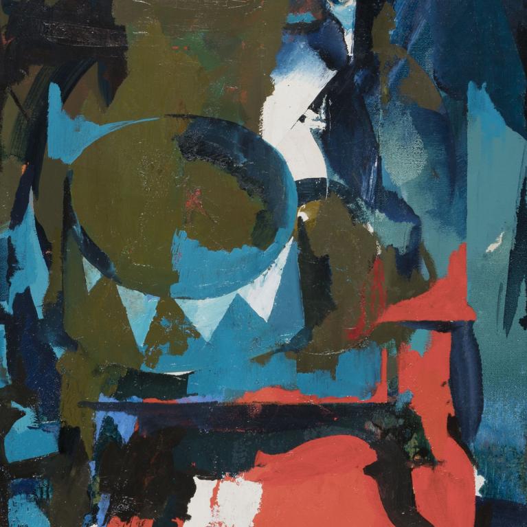 Abstrakta klusā daba ar ģeometriskām formām un ekspresīviem zilzaļiem, melniem un sarkanīgiem krāsu laukumiem.
