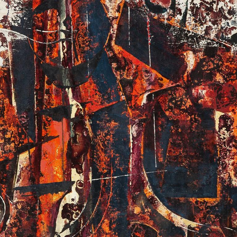 Abstrakta kompozīcija ar tumši sarkaniem, oranžiem un melniem krāsu laukumiem, kur slāņaina faktūra un dinamiskas līnijas veido saspringtu, ekspresīvu noskaņu.