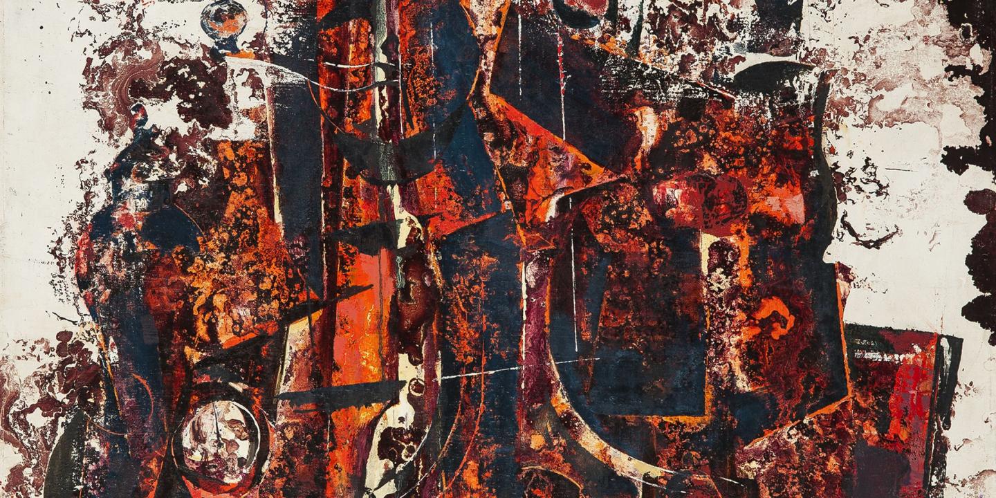 Abstrakta kompozīcija ar tumši sarkaniem, oranžiem un melniem krāsu laukumiem, kur slāņaina faktūra un dinamiskas līnijas veido saspringtu, ekspresīvu noskaņu.