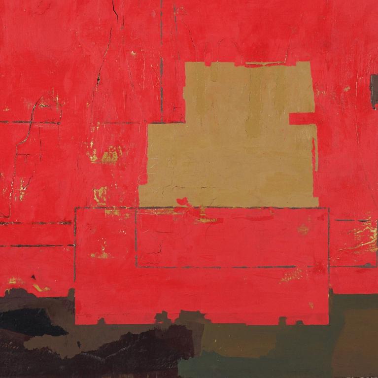 Abstrakta kompozīcija ar intensīviem sarkaniem krāsu laukumiem, ģeometriskām formām un kontrastējošiem tumšiem un okera akcentiem.