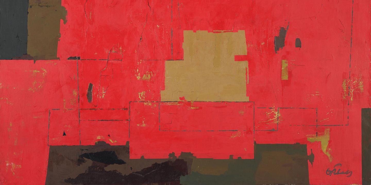 Abstrakta kompozīcija ar intensīviem sarkaniem krāsu laukumiem, ģeometriskām formām un kontrastējošiem tumšiem un okera akcentiem.