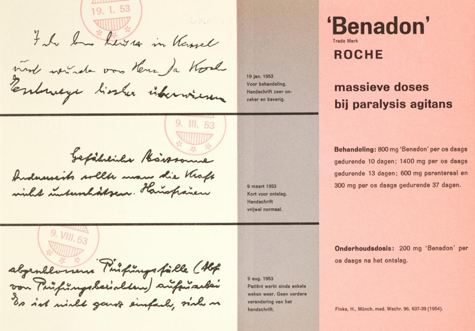 Roche grafikas departaments. Benadon. Massieve doses bij paralysis agitans [Lielas devas rada satraukumu]. 1954. Papīrs, ofseta druka. Roche arhīvs, Bāzele, &Scaron;veice. Publicitātes foto