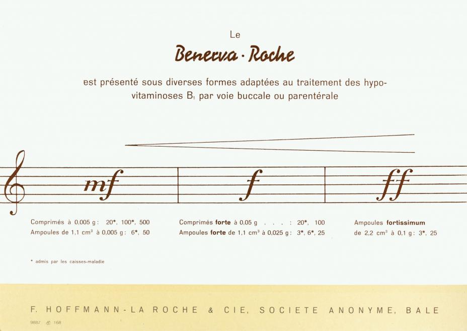 Roche grafikas departaments. Benerva. Est pr&eacute;sent&eacute; sous diverses formes adapt&eacute;es au traitement de hypo-vitaminoses B1 par voie buccale ou parent&eacute;rale. 20. gs. 30.&ndash;40. gadi. Papīrs, ofseta druka. Roche arhīvs, Bāzele, &Scaron;veice. Publicitātes foto