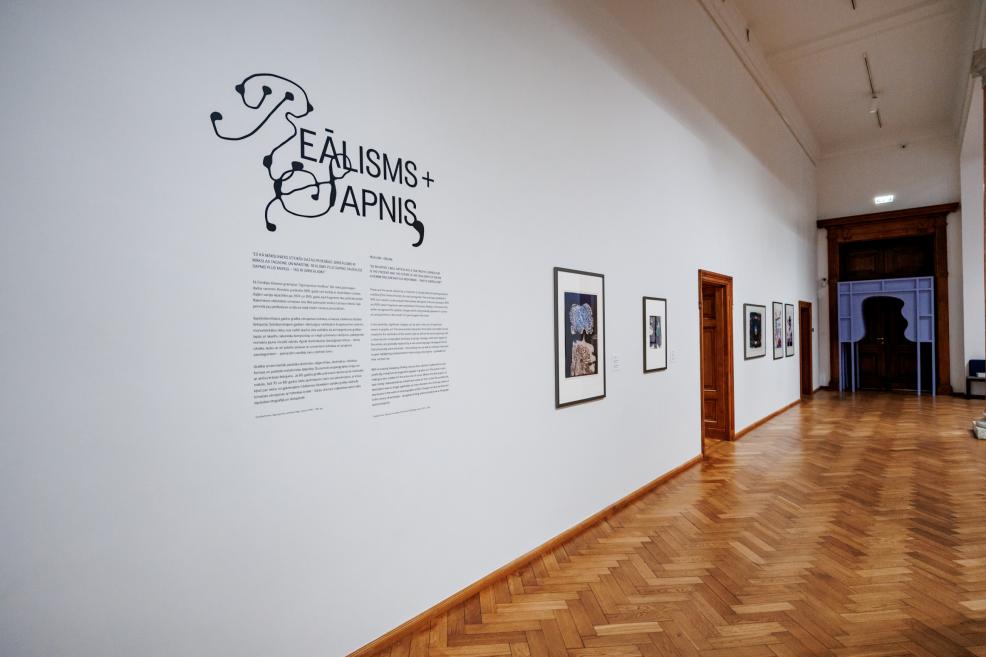 In a museum corridor with a parquet floor, the exhibition title “Realism + Dream” and several framed artworks are displayed on a white wall.