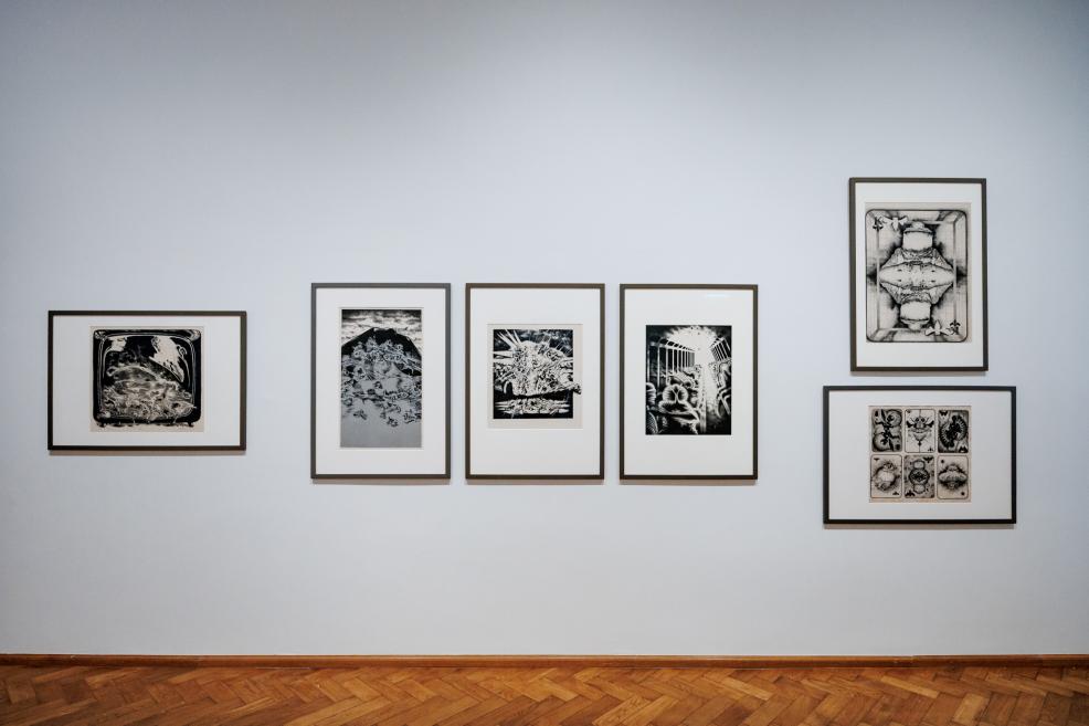 Several black-and-white graphic artworks arranged in a linear composition on a museum gallery wall in various frames.