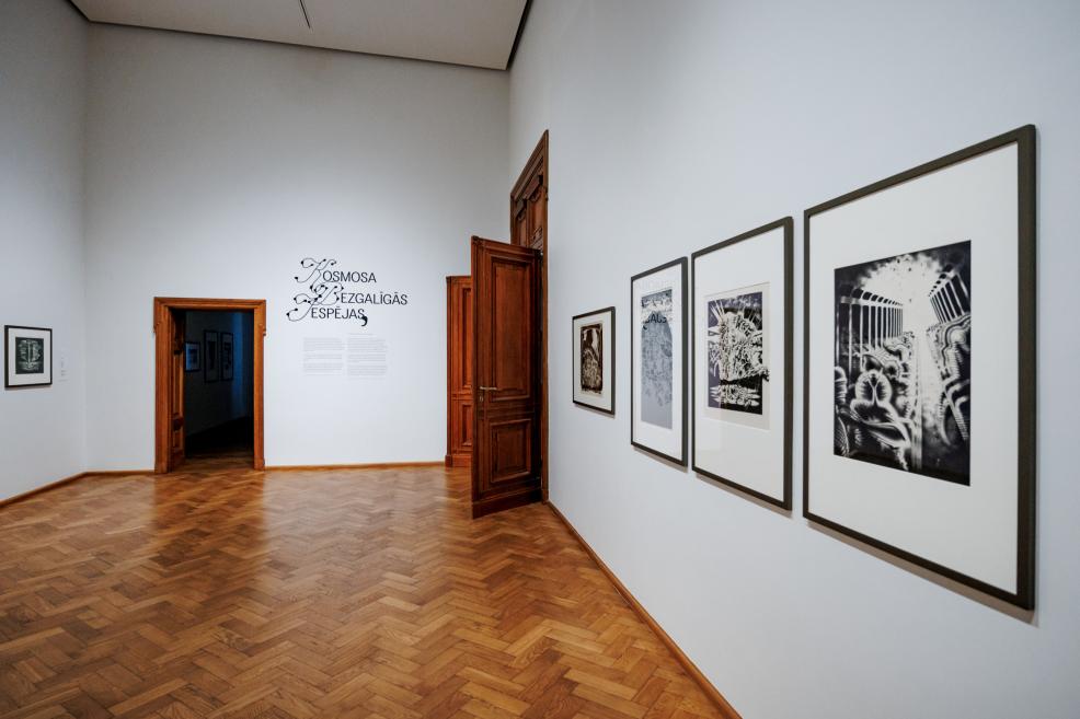 In a museum gallery with parquet flooring and wooden doors, several black-and-white graphic artworks are displayed on the wall, while the exhibition title text is visible on the opposite wall.
