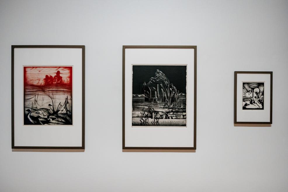 Uz baltas muzeja sienas izvietoti trīs ierāmēti grafikas darbi – viens ar sarkanu debesu ainavu, otrs ar tumšu sirreālu kompozīciju un trešais mazāka formāta melnbalts attēls.