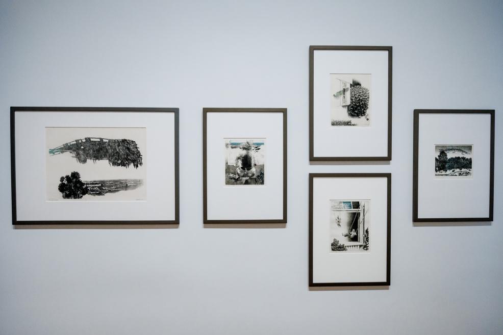 Five graphic artworks in various sizes displayed on a white gallery wall.