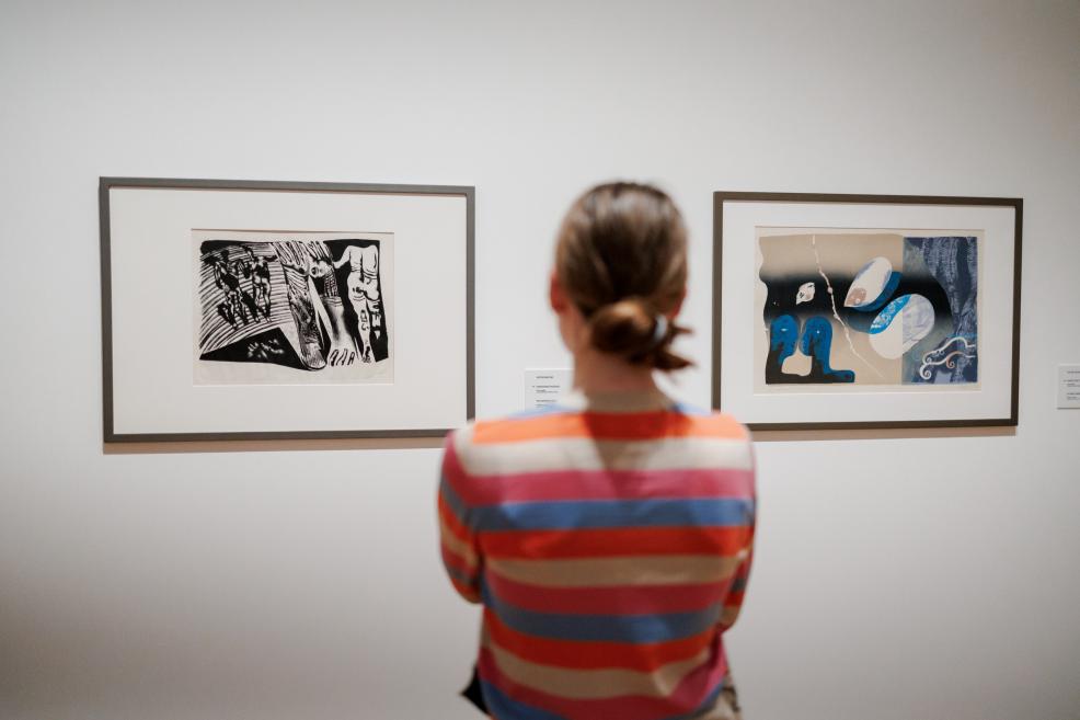 A visitor wearing a striped shirt stands facing two framed graphic artworks, observing them in the museum exhibition.