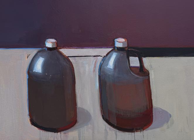 The painting depicts two plastic jugs filled with dark liquid placed on a light surface against a dark violet background.
