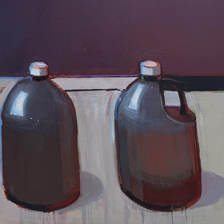 The painting depicts two plastic jugs filled with dark liquid placed on a light surface against a dark violet background.