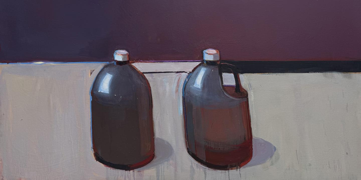 The painting depicts two plastic jugs filled with dark liquid placed on a light surface against a dark violet background.