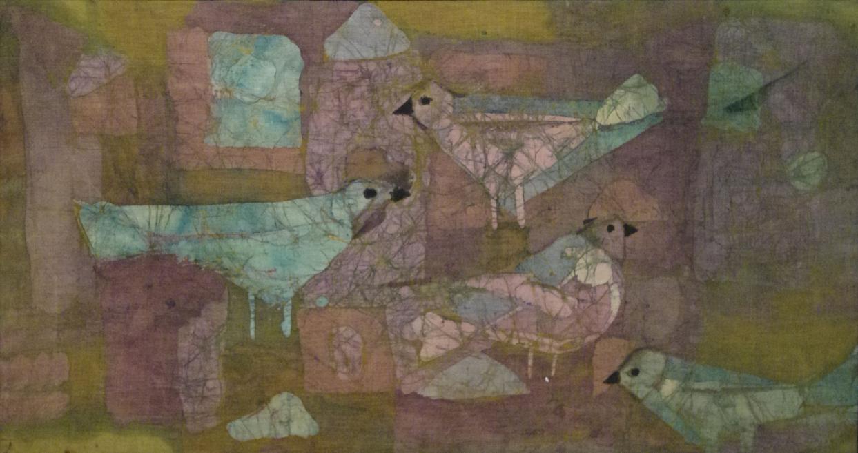 Textile artwork featuring stylized bird forms in a muted, earthy color palette.
