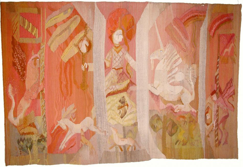Large textile composition in pink and pastel tones with figurative and ornamental motifs.