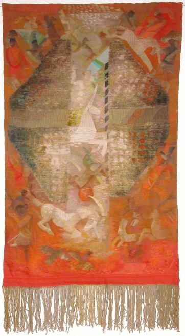 Textile artwork with a dynamic composition and figurative motifs in warm colors.
