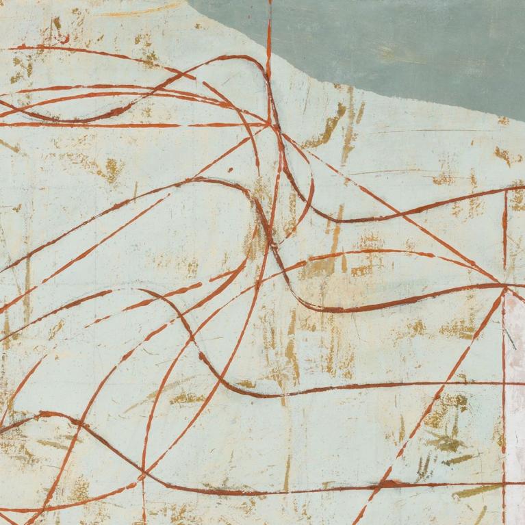 Abstrakta kompozīcija gaiši zilganā tonī ar brūnganām, ritmiskām līnijām un režģa struktūrām, kas veido asociācijas ar shēmām, kustību un telpisku aprēķinu.