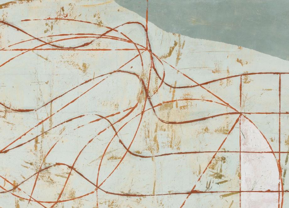 Abstrakta kompozīcija gaiši zilganā tonī ar brūnganām, ritmiskām līnijām un režģa struktūrām, kas veido asociācijas ar shēmām, kustību un telpisku aprēķinu.