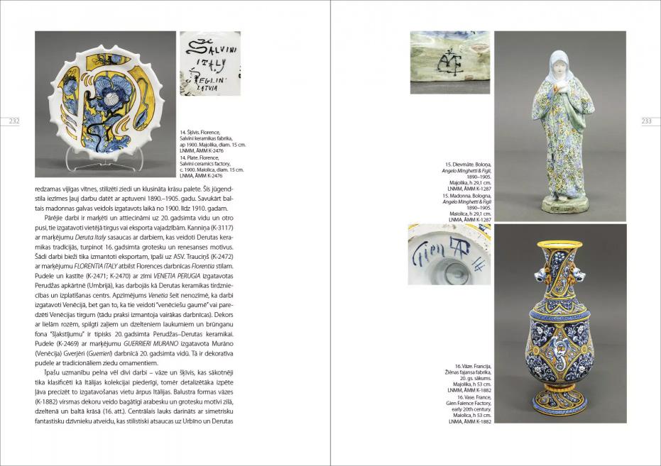 Atvērumā redzami Itālijas keramikas kolekcijas priekšmeti – dekoratīvs šķīvis, Madonnas figūra un ornamentēta vāze –, kā arī to ražotāju marķējumu tuvplāni.