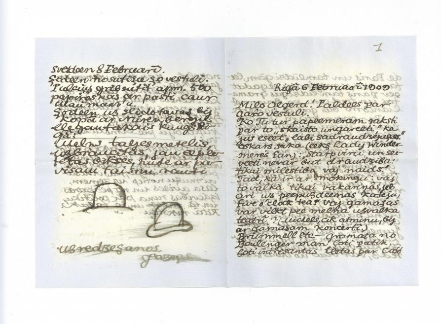 Atvērta rokraksta vēstule latviešu valodā ar datumiem “Rīgā 6 februārī 1909” un ilustrētiem cepuru zīmējumiem lapas apakšdaļā.