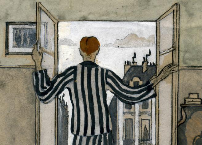 The painting depicts a person in striped clothing standing at an open window and looking out over city rooftops in a softly rendered interior scene.