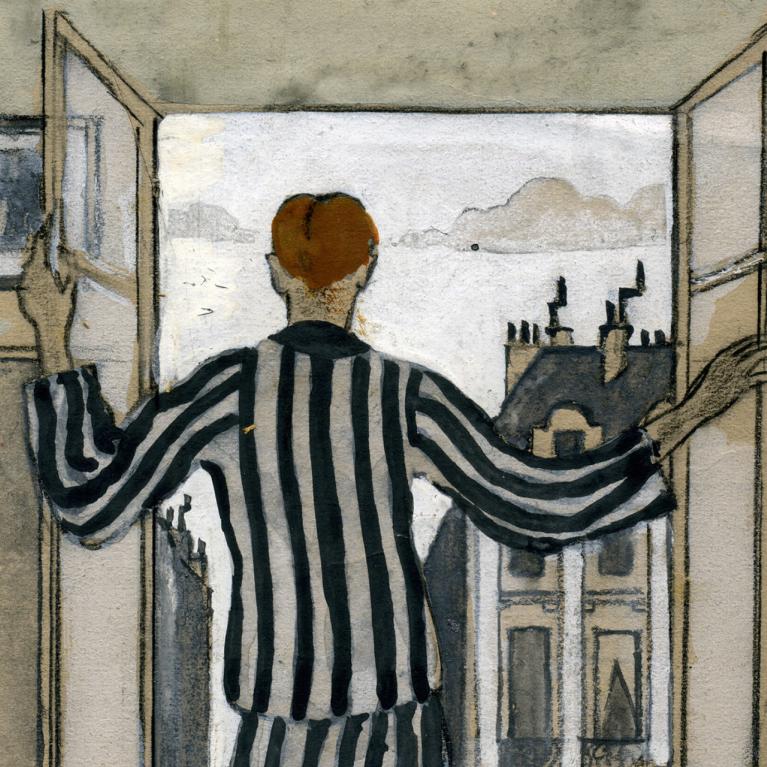 Jāzeps Grosvalds. By the Open Window. 1910&ndash;1914. Watercolor, gouache, and ink on paper. 19.7 x 20.4 cm. VMM JGM-544