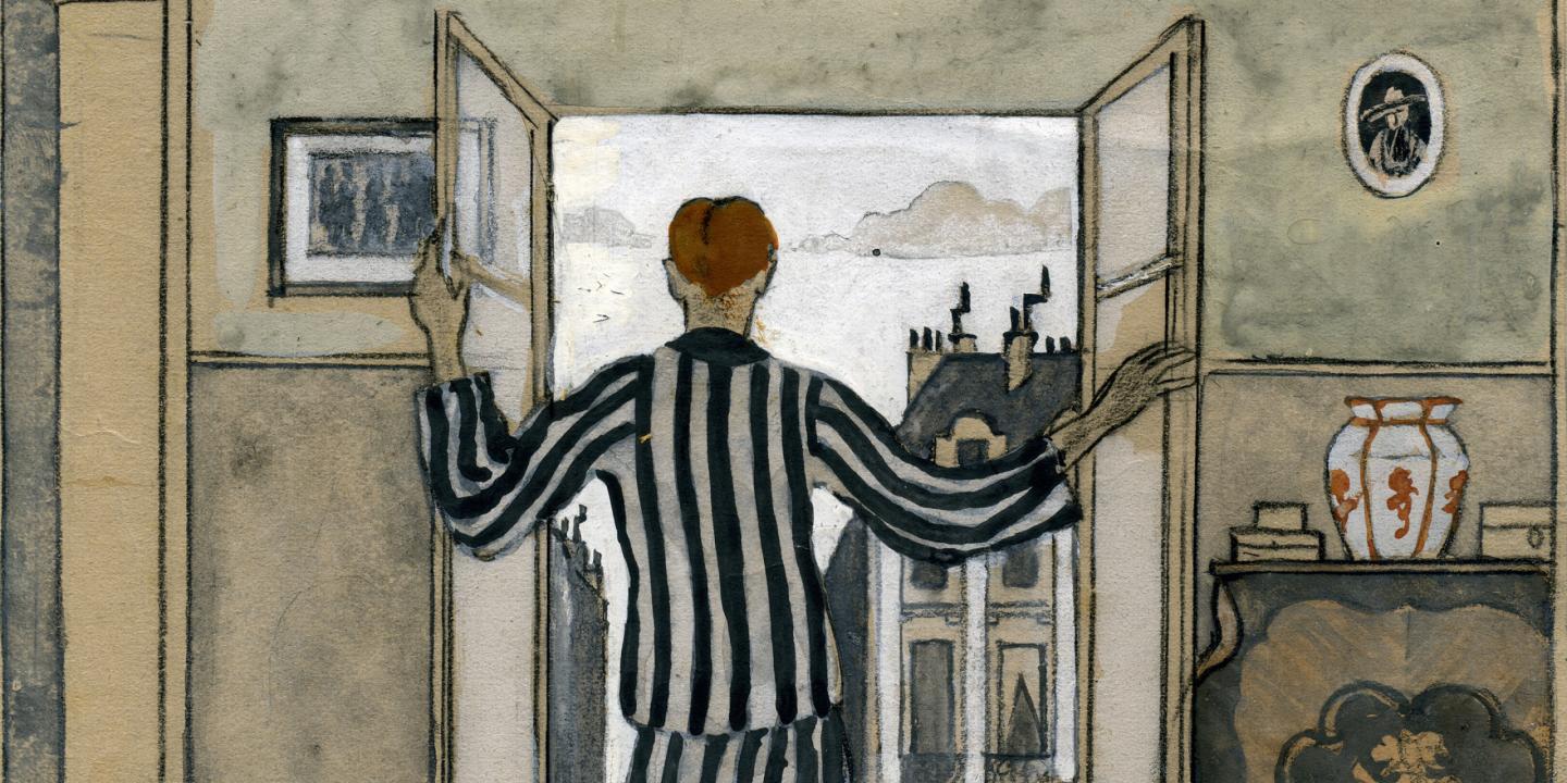 Jāzeps Grosvalds. By the Open Window. 1910&ndash;1914. Watercolor, gouache, and ink on paper. 19.7 x 20.4 cm. VMM JGM-544