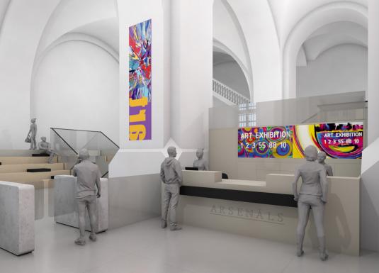 Visualization of the renovated entrance area of the Art Museum “Arsenāls,” featuring a ticket counter, seating area, and digital screens displaying exhibition posters.