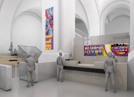 Visualization of the renovated entrance area of the Art Museum “Arsenāls,” featuring a ticket counter, seating area, and digital screens displaying exhibition posters.